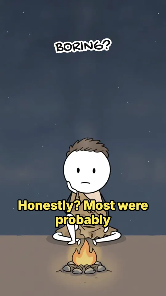 A worried caveman stick figure by a campfire at night, labeled BORING?